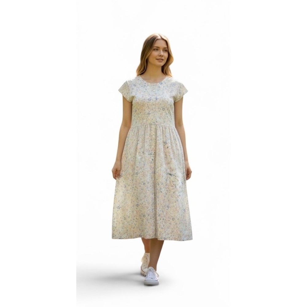 VTG  Liz Sport Pastel Floral Button Front Cottagecore Cotton Midi Dress Petite S